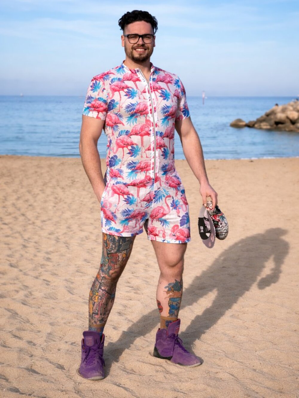 Pink Flamingo Tropical Print Button-Up Shirt Size L